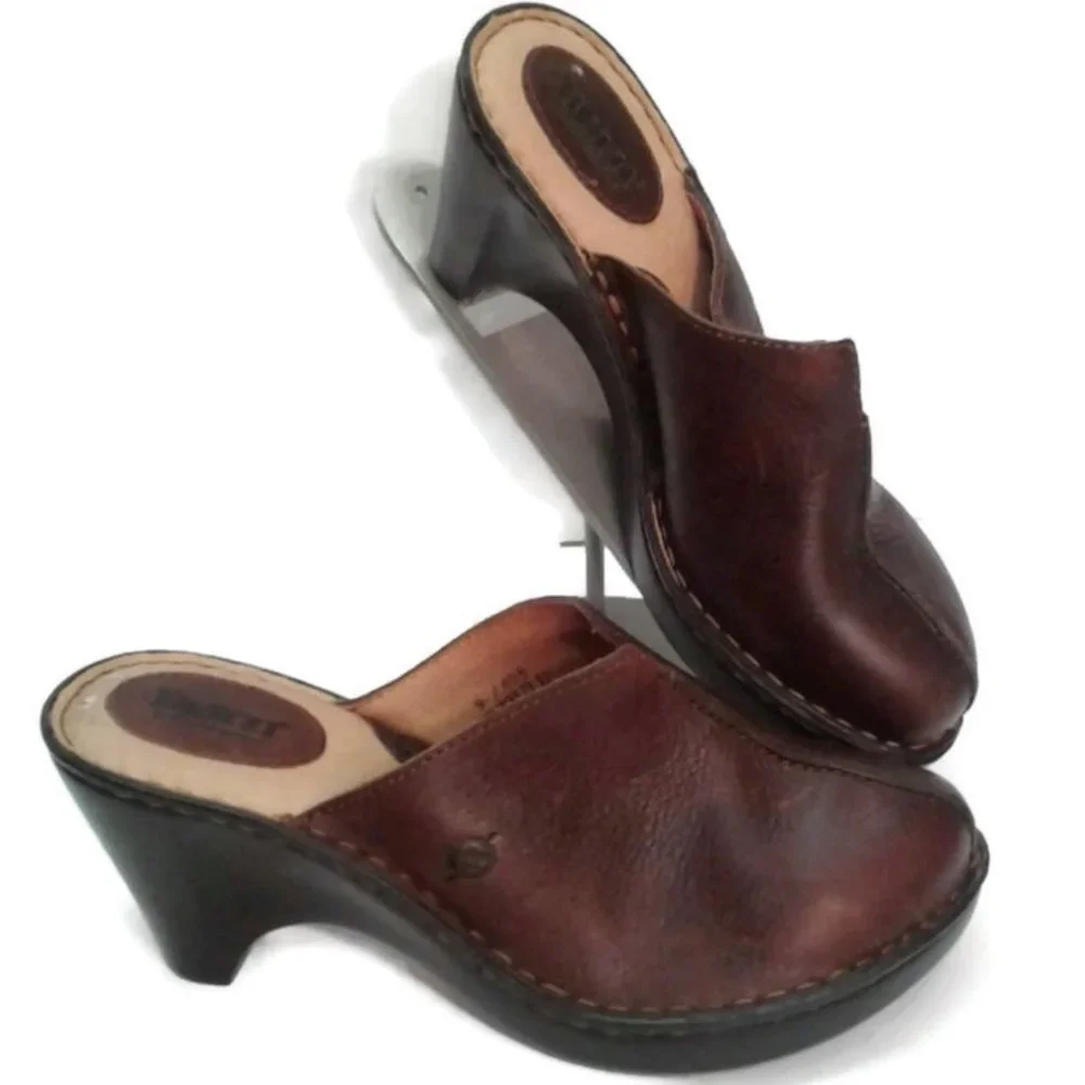 Born US 7 Clogs EU 40.5 Slip On Mules W8173 shoes Brown Leather - Picture 1 of 8